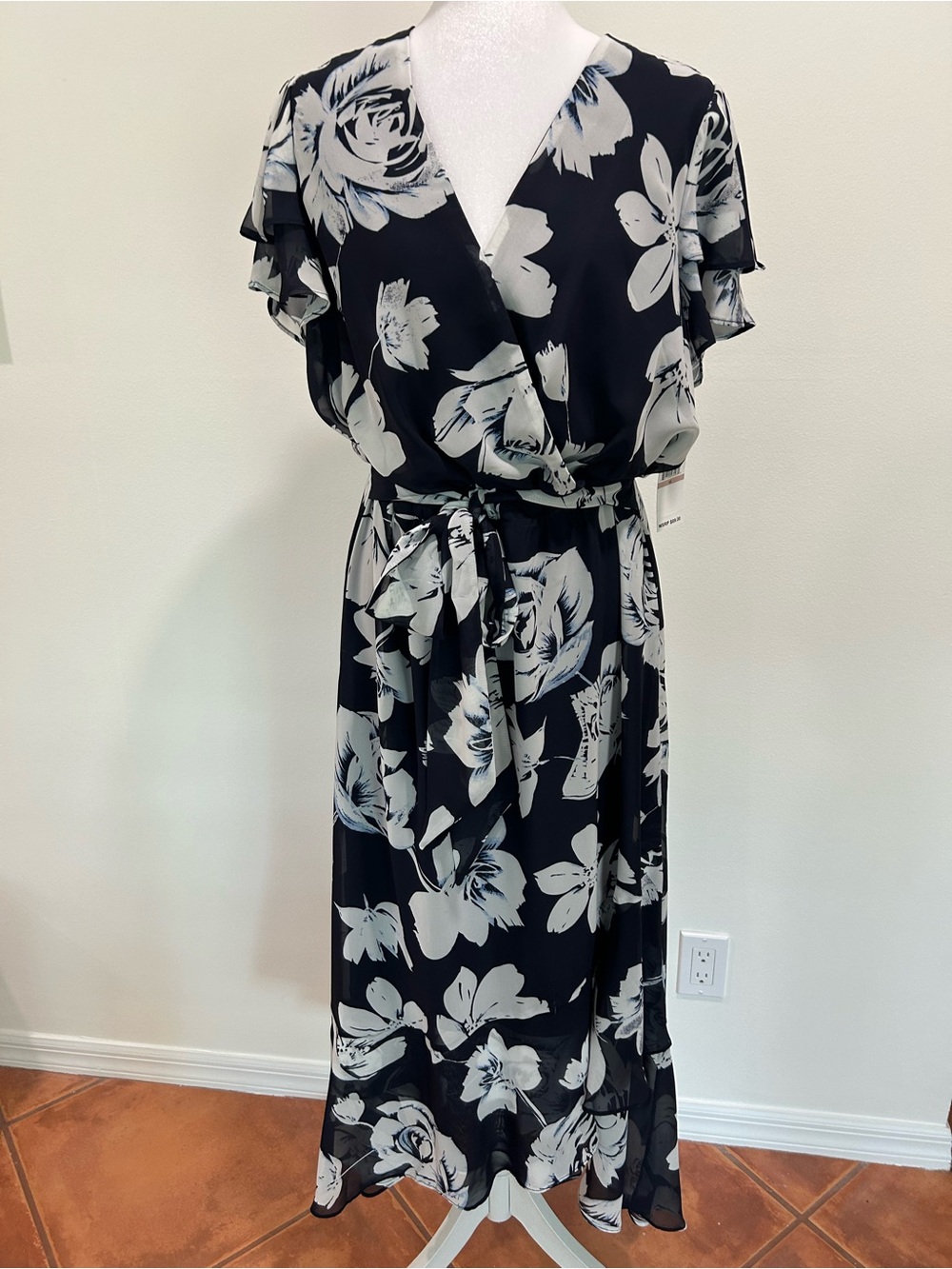 SLNY Dark Navy Floral Maxi Wrap Dress with Ivory Blooms